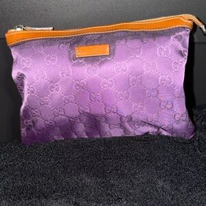 Gucci Purple Satin Monogram Wristlet with Tan Leather Trim